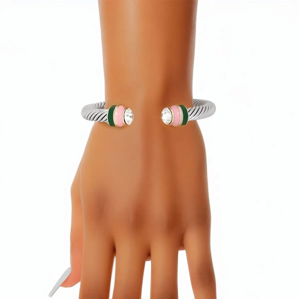 AKA Sorority Pink and Green Pearl Cable Classic Bangle